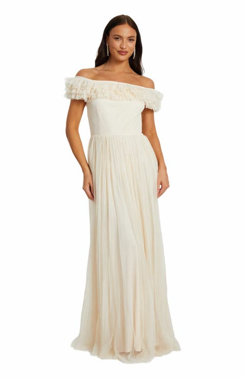 Mesh Ruffle Bardot Maxi Dress