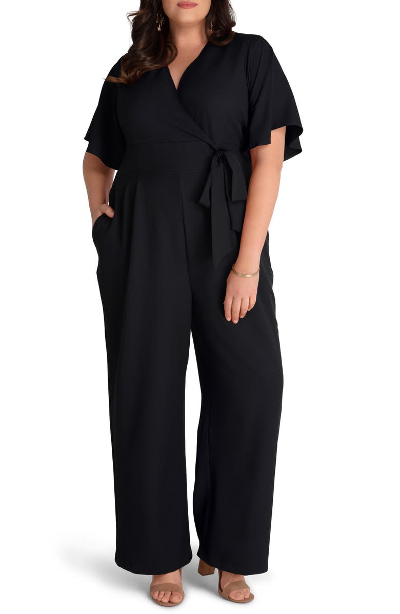 Kiyonna Charisma Faux Wrap Crepe Jumpsuit, Main, color, Black Noir