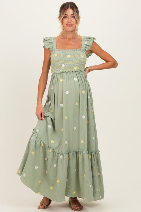 Floral Embroidered Smocked Maxi Dress