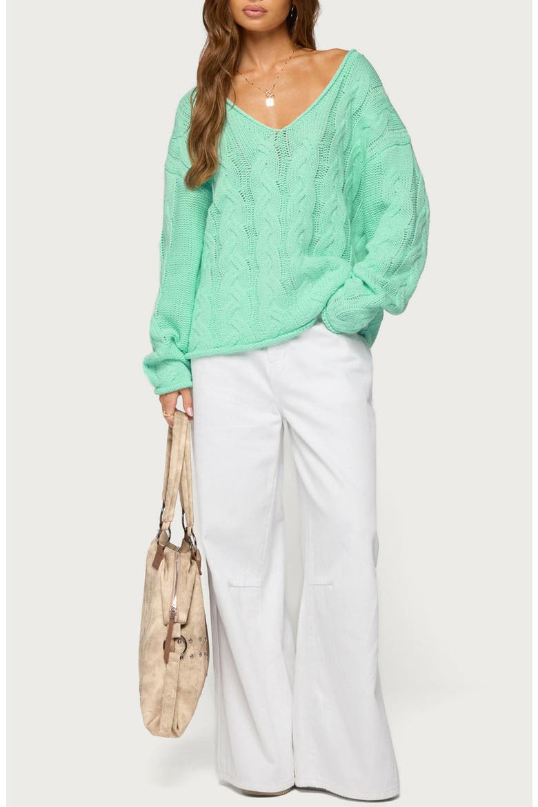 Inga Oversize V-Neck Cable Sweater, Alternate, color, AQUA