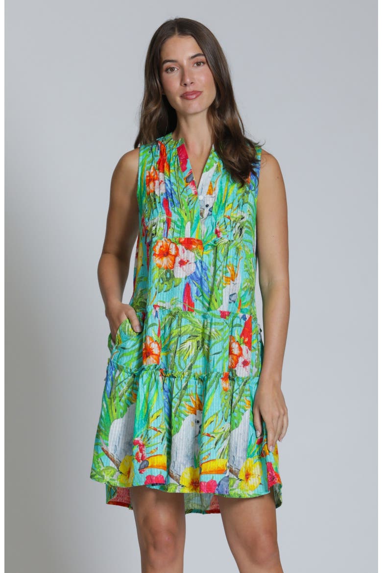 Pintuck Sleeveless Cotton Blend Dress, Alternate, color, TURQUOISE MULTI