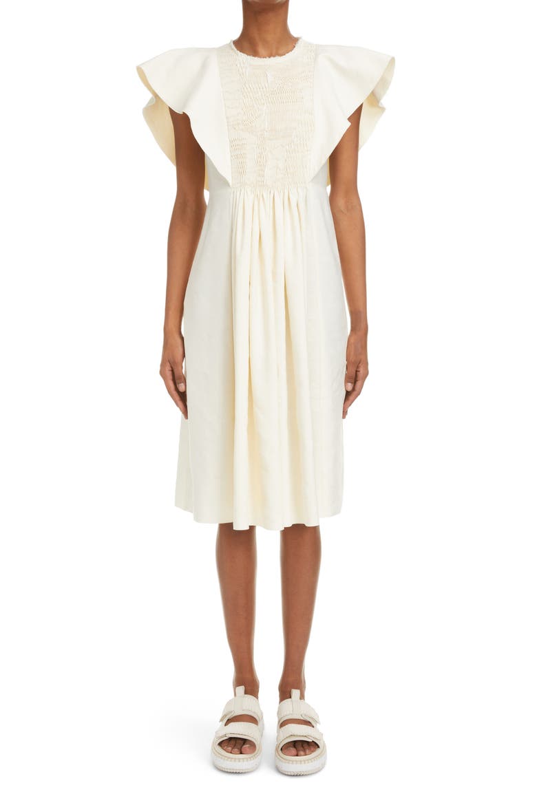 Smocked Wing Sleeve Linen & Silk A-Line Dress, Main, color, SEEDPEARL BEIGE