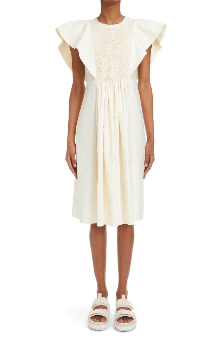 Chloé Smocked Wing Sleeve Linen & Silk A-Line Dress, Main, color,
