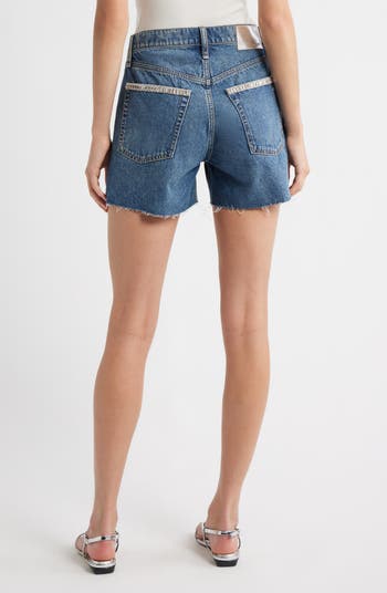 Embellished High Waist Raw Hem Cutoff Denim Shorts