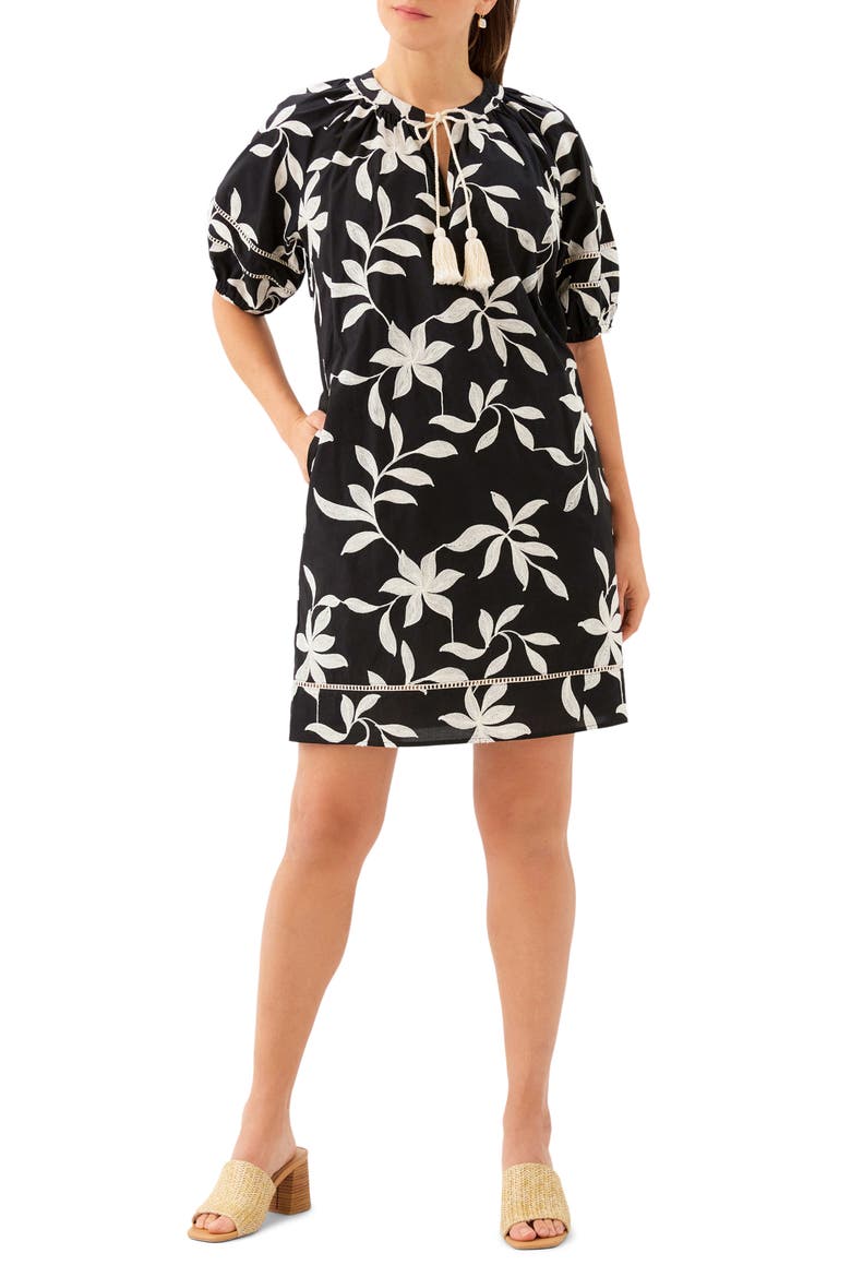 Floral Embroidered Puff Sleeve Cotton Shift Dress, Main, color, BLACK