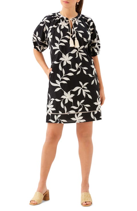 Floral Embroidered Puff Sleeve Cotton Shift Dress (Regular & Petite)