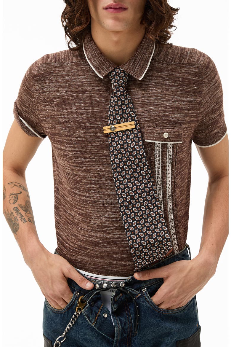 Greca Silk, Wool & Linen Blend Mouliné Polo Sweater, Main, color, BROWN