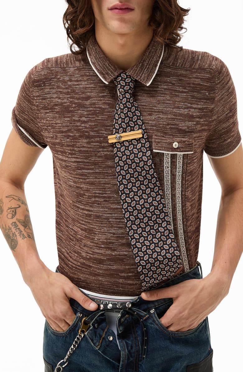 Versace First Line Greca Silk, Wool & Linen Blend Mouliné Polo Sweater, Main, color, Brown