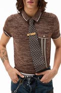 Versace Greca Silk, Wool & Linen Blend Mouliné Polo Sweater