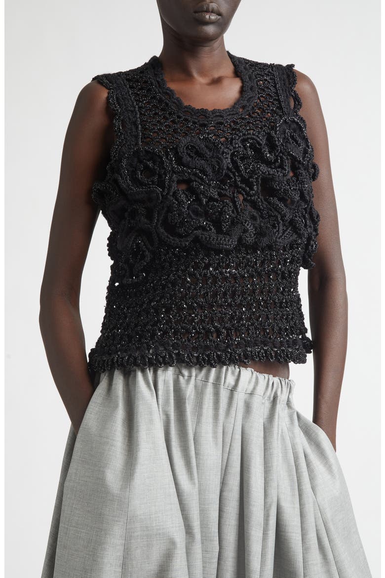 Crop Crochet Flower Mesh Tank, Alternate, color, BLACK