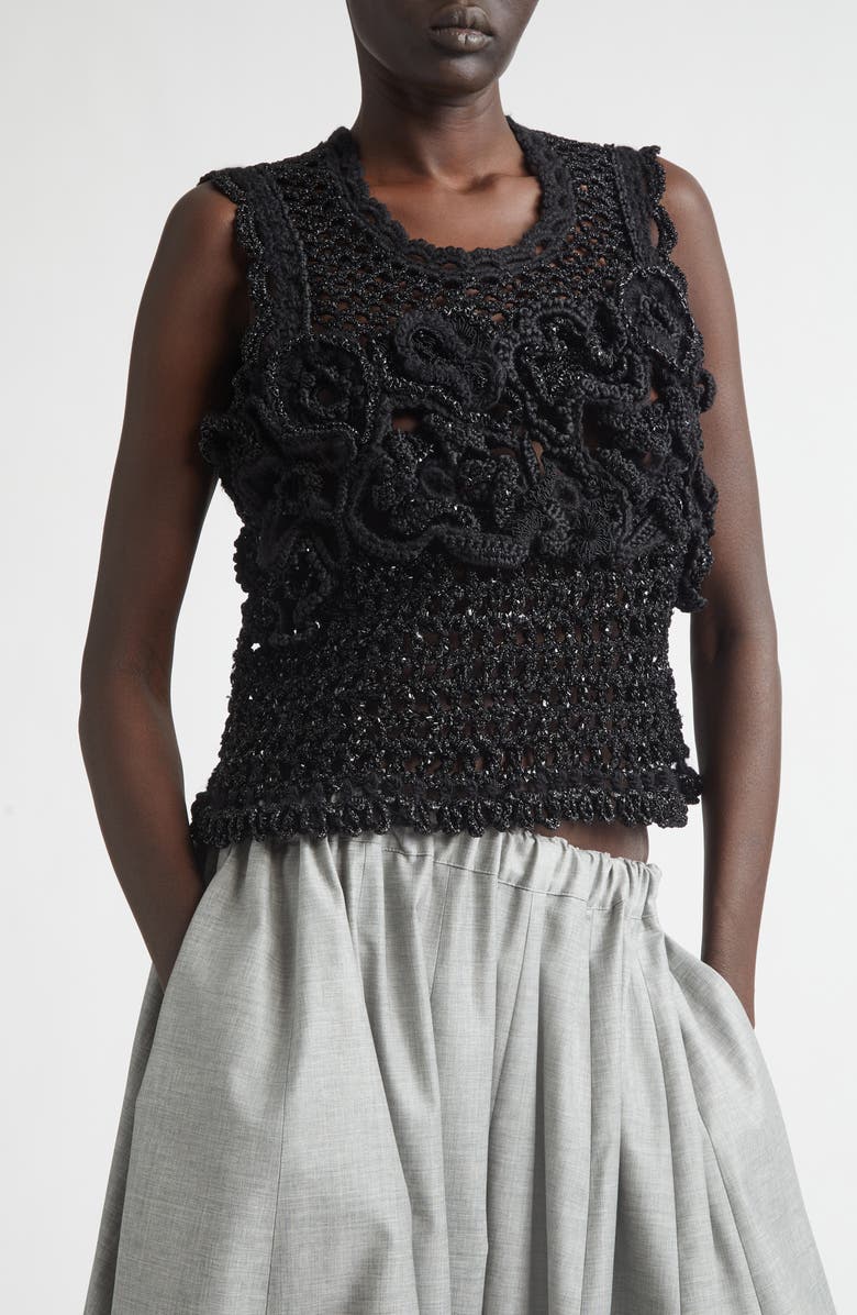 Tao Comme des Garçons Crop Crochet Flower Mesh Tank, Alternate, color, Black