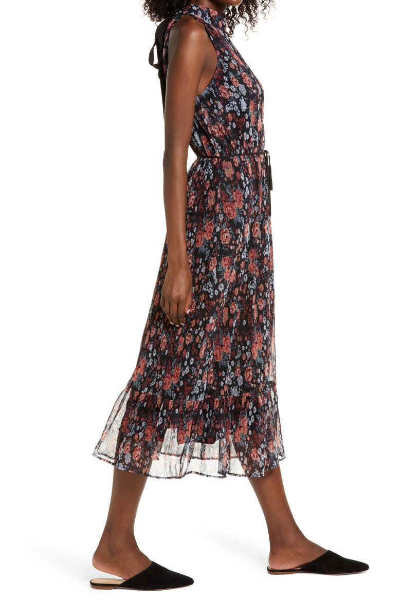 Floral Plissé Midi Dress, Alternate, color, BLACK MULTI