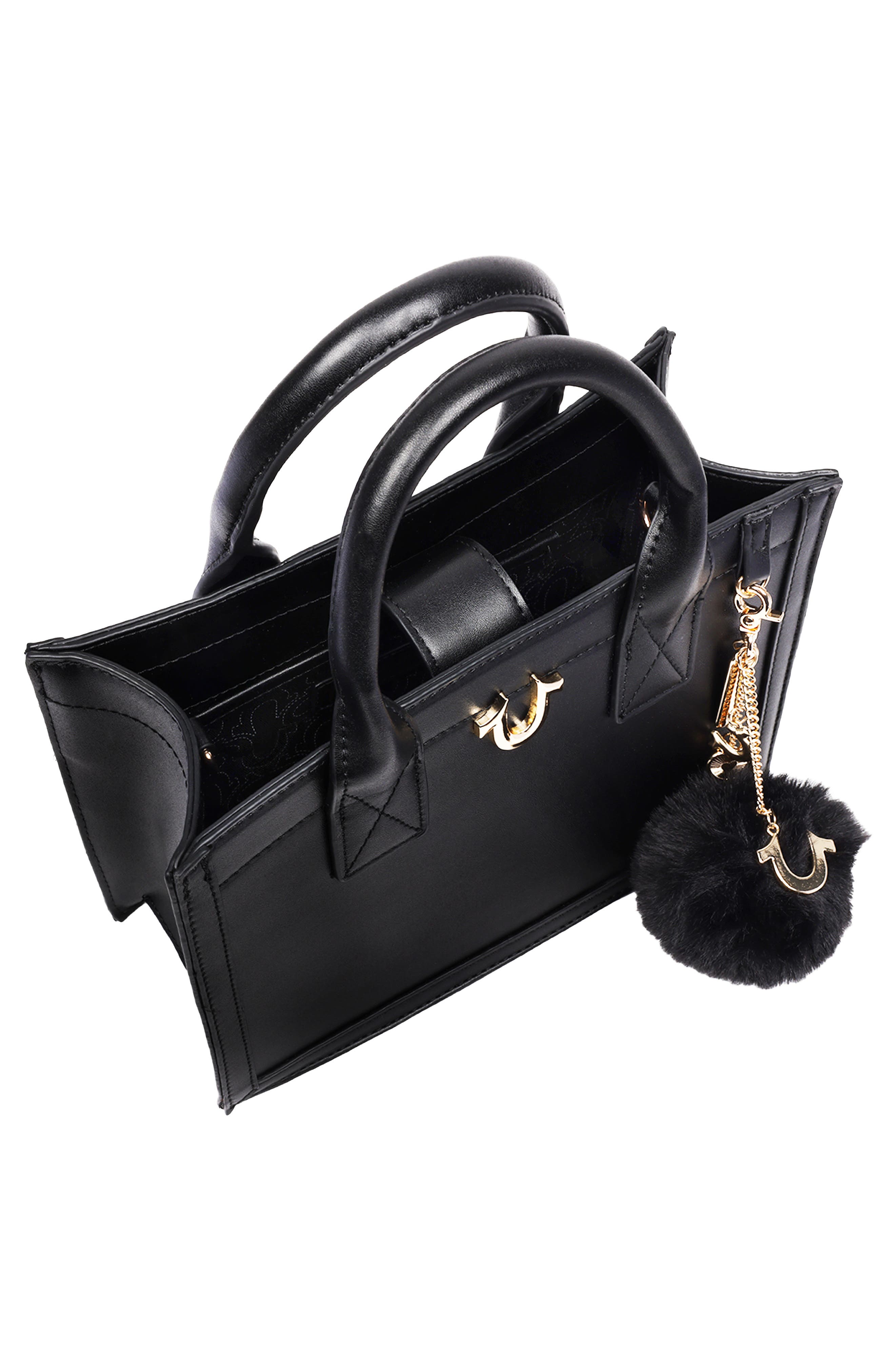 True Religion Pompom Keychain Horseshoe Tote Bag, Alternate, color, Black