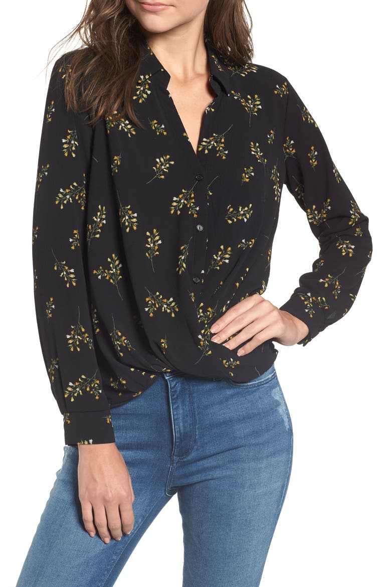 Patterned Drape Front Blouse, Main, color, BLACK