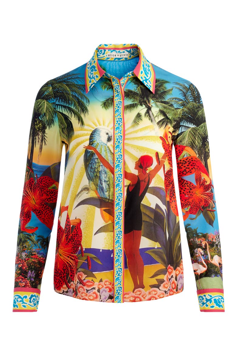 Willa Tropical Print Silk Button-Up Shirt, Alternate, color, ISLAND DREAMS MULTI