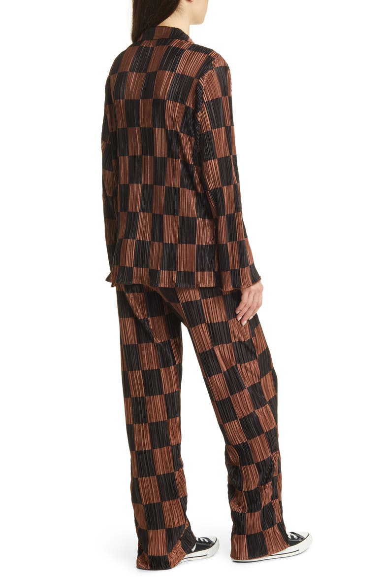 Check Long Sleeve Plissé Top & High Waist Pants, Alternate, color, MOCHA AND BLACK CHECK