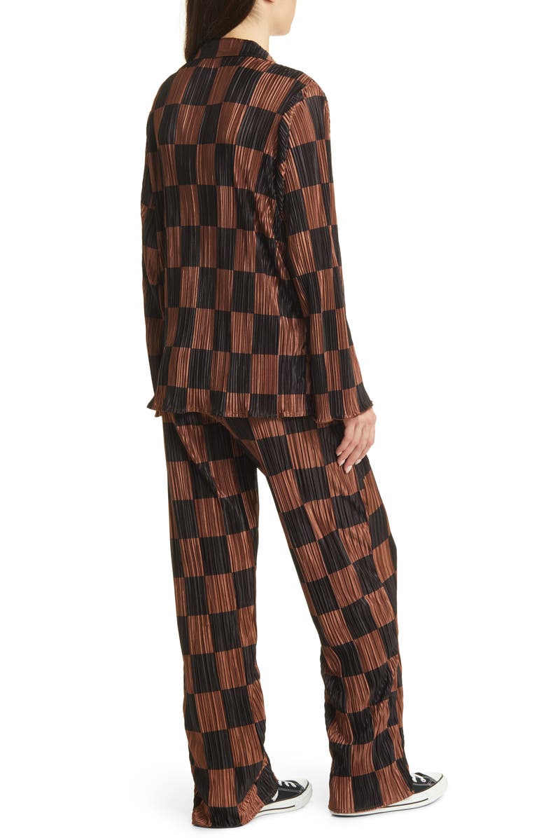 Dressed in Lala Check Long Sleeve Plissé Top & High Waist Pants, Alternate, color, 