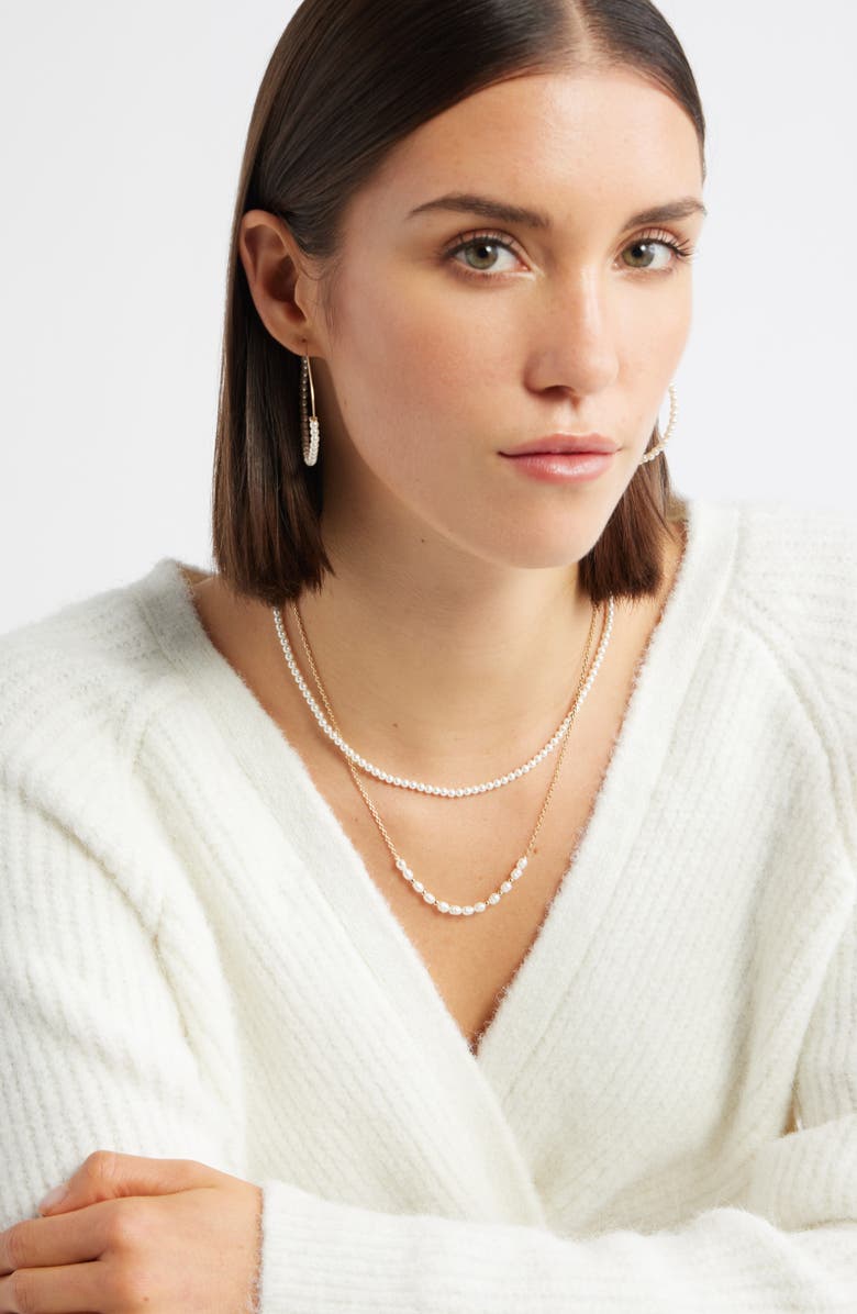 Nordstrom Faux Pearl Wire Hoop Earrings, Alternate, color, White- Gold