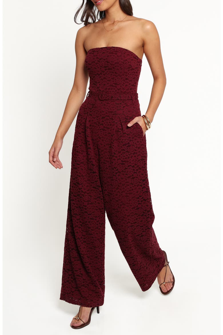 Harlie Strapless Lace Jumpsuit, Alternate, color, BURGUNDY