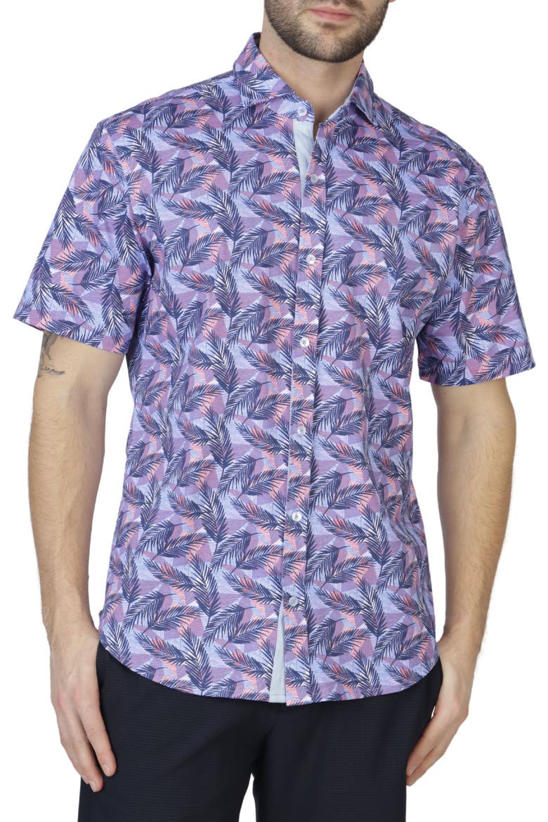Tropical Leaves Knit Short Sleeve Shirt, Main, color, NAVY