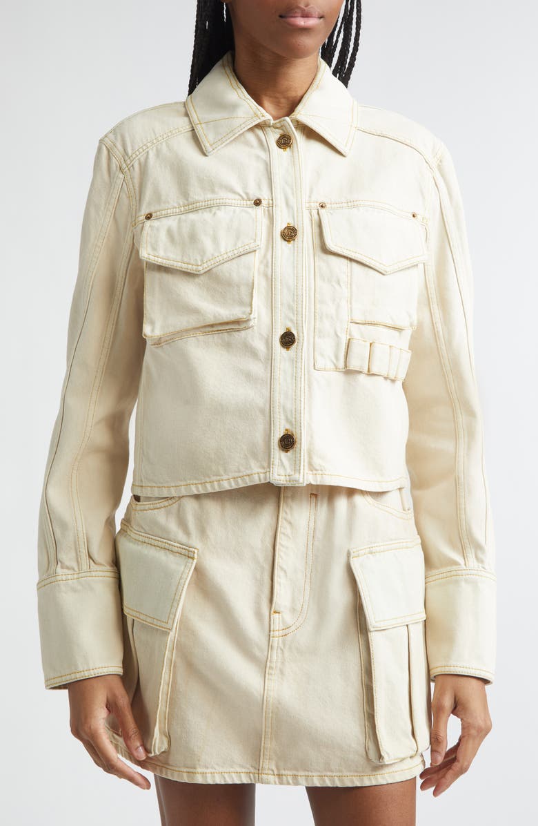 Balmain Faded Denim Jacket, Alternate, color, Ivory/ Blue Multi