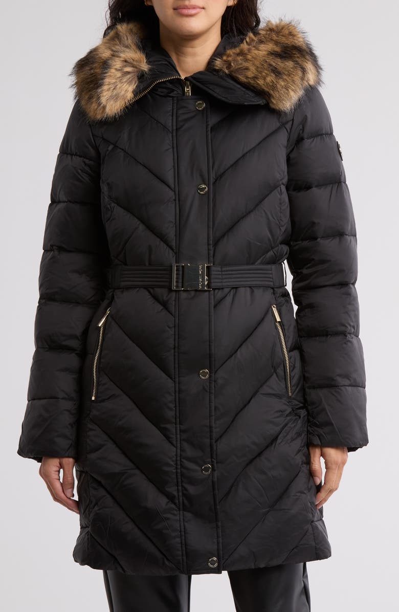 Michael Kors Faux Fur Trim Water Resistant Belted Puffer Jacket, Main, color,