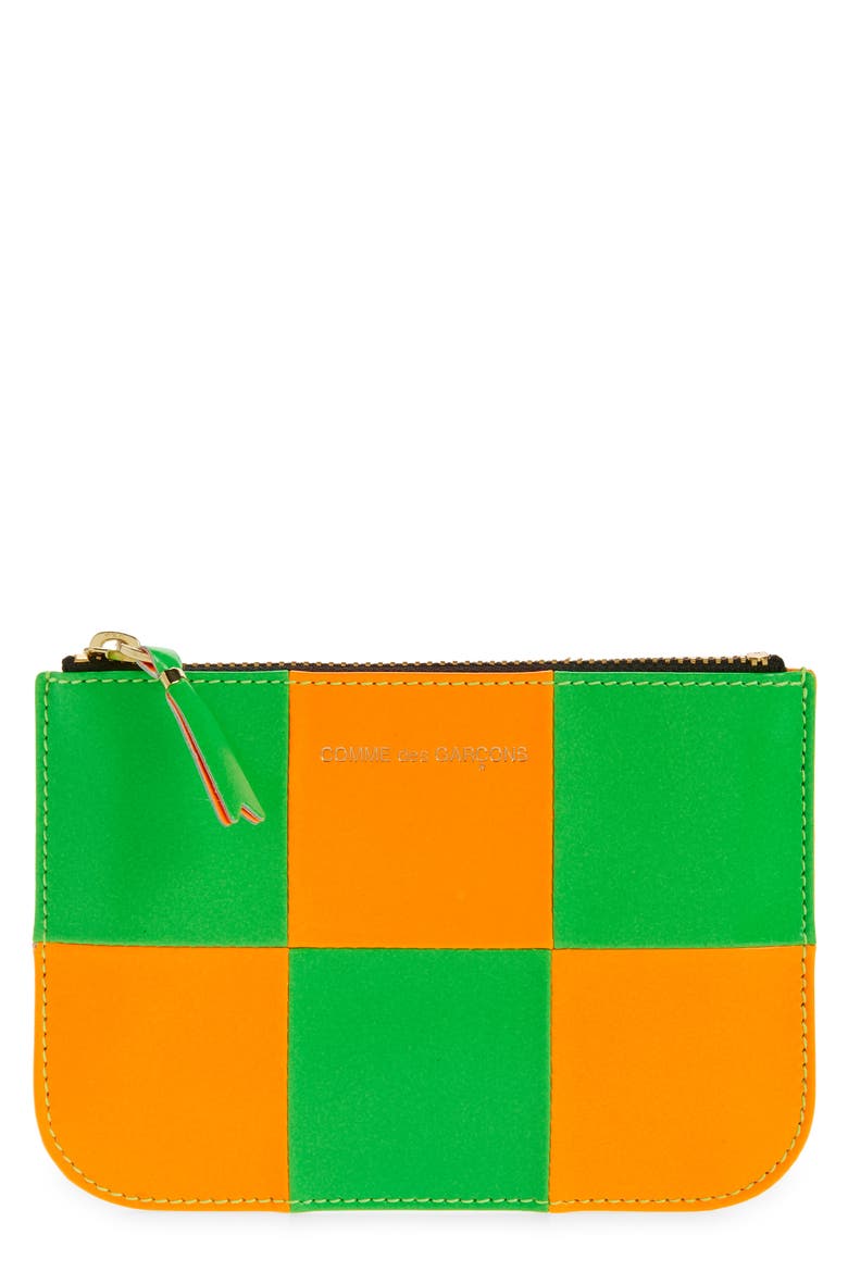 Small Fluo Squares Leather Pouch, Main, color, ORANGE/ GREEN