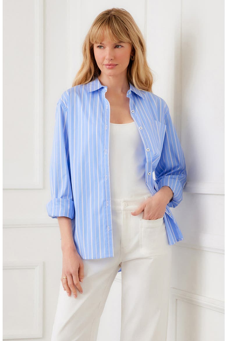 Stripe Cotton Blend Button-Up Shirt, Alternate, color, BLUE