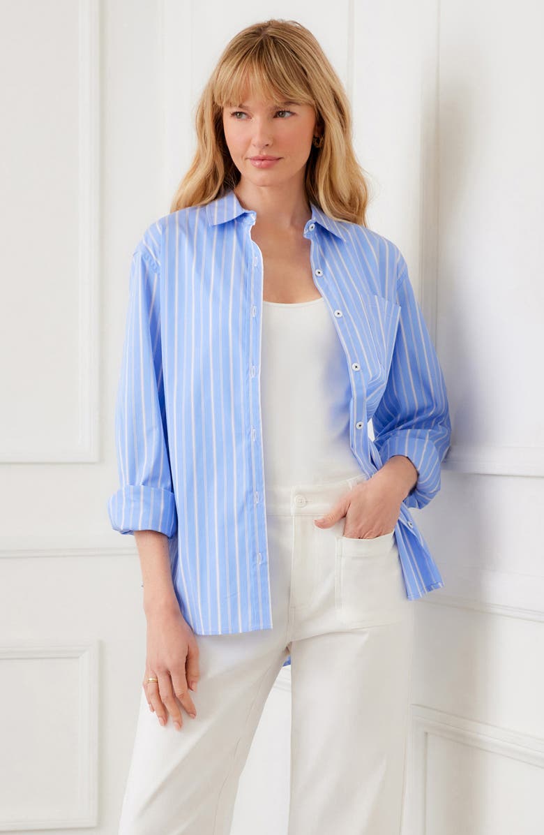 Karen Kane Stripe Cotton Blend Button-Up Shirt, Alternate, color, Blue