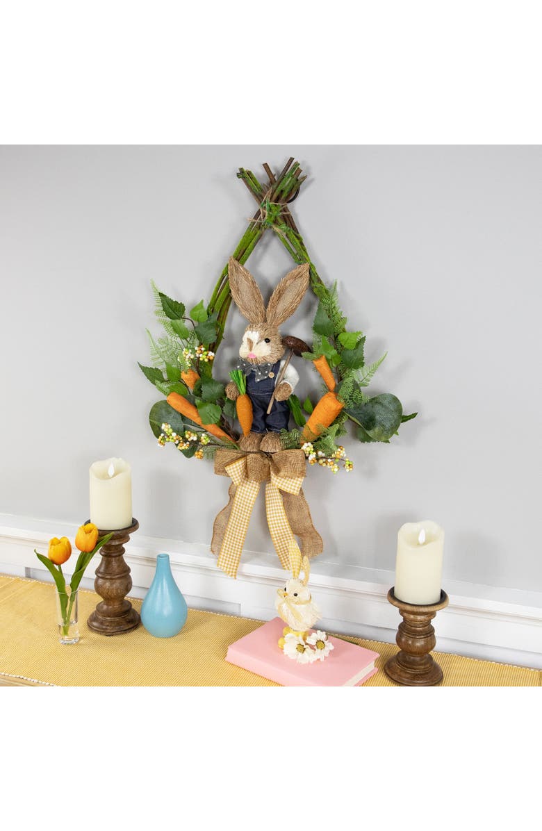 Northlight Farmer Bunny Moss Vines Teardrop Easter Wreath - 22" - Green and Orange - Unlit, Alternate, color, Green