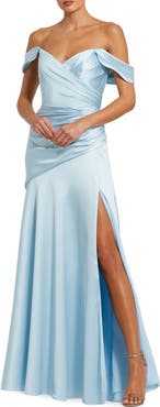Mac Duggal Hard Satin Off The Shoulder Crossover Gown