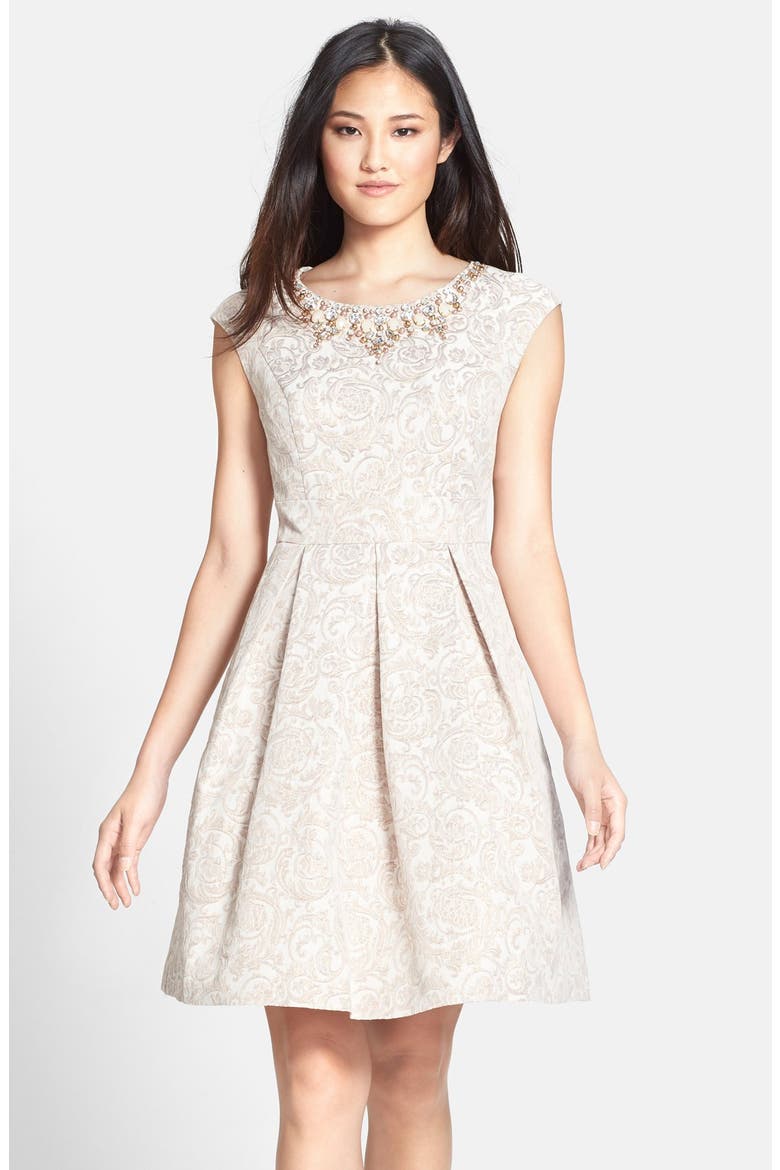 Embellished Jacquard Fit & Flare Dress, Alternate, color, CHAMPAGNE