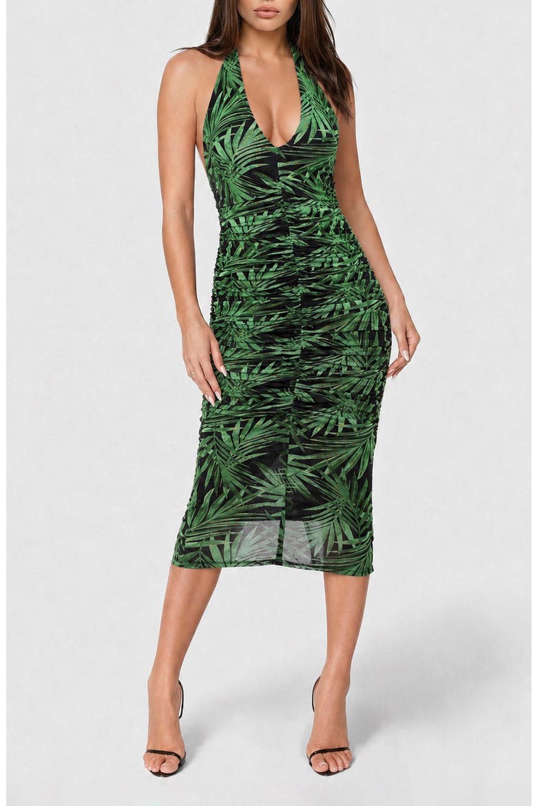 Shirred Polka Dot Mesh Halter Midi Dress, Main, color, BLACK GREEN