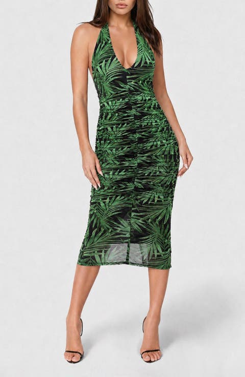 Shirred Polka Dot Mesh Halter Midi Dress