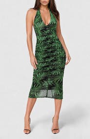 bebe Shirred Polka Dot Mesh Halter Midi Dress