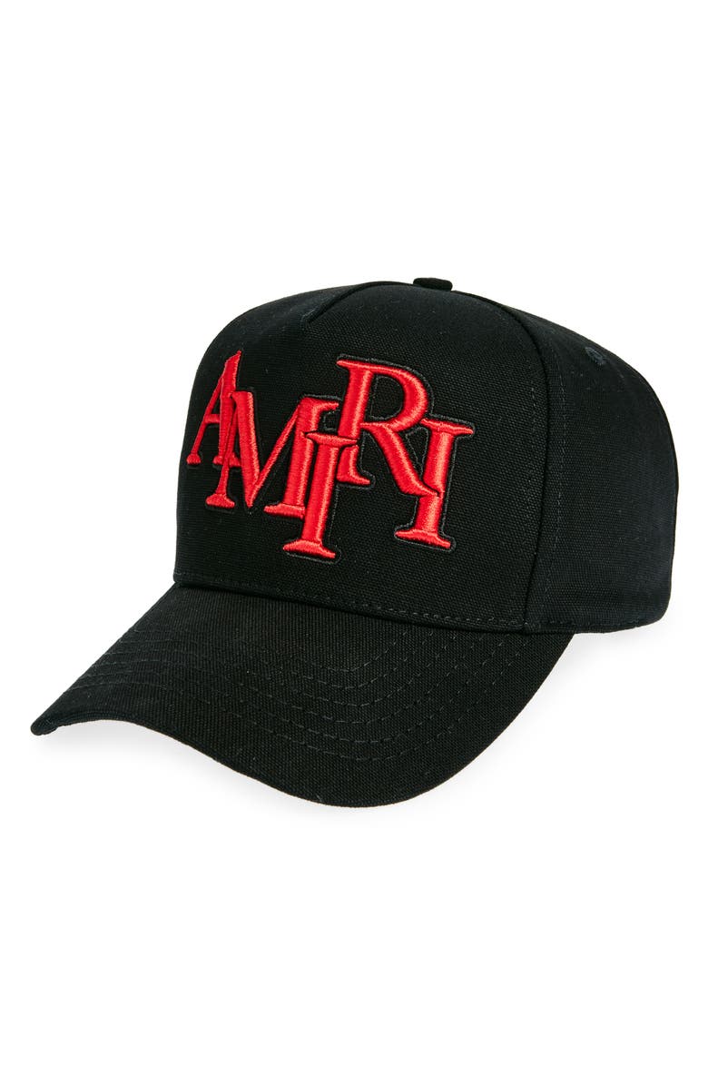AMIRI Staggered Logo Cotton Canvas Baseball Cap, Main, color, Black Red