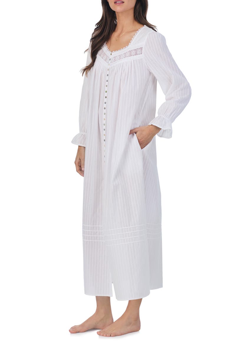 Long Sleeve Cotton Dobby Nightgown, Alternate, color, WHITE