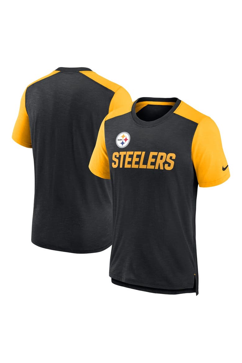 Men's Nike Heathered Black/Heathered Gold Pittsburgh Steelers Color Block Team Name T-Shirt, Main, color, Heather Black