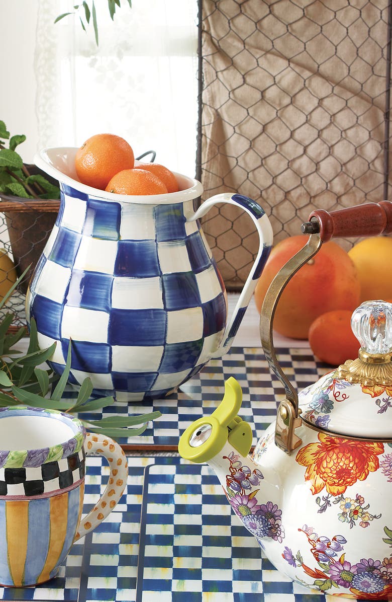 MACKENZIE CHILDS Royal Check Enameled Steel 3-Quart Pitcher, Alternate, color, Blue/ White