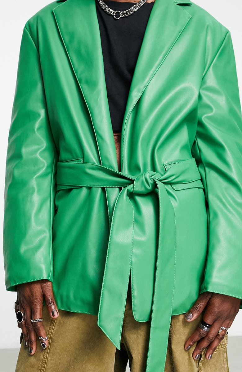 ASOS DESIGN Belted Faux Leather Blazer, Alternate, color,
