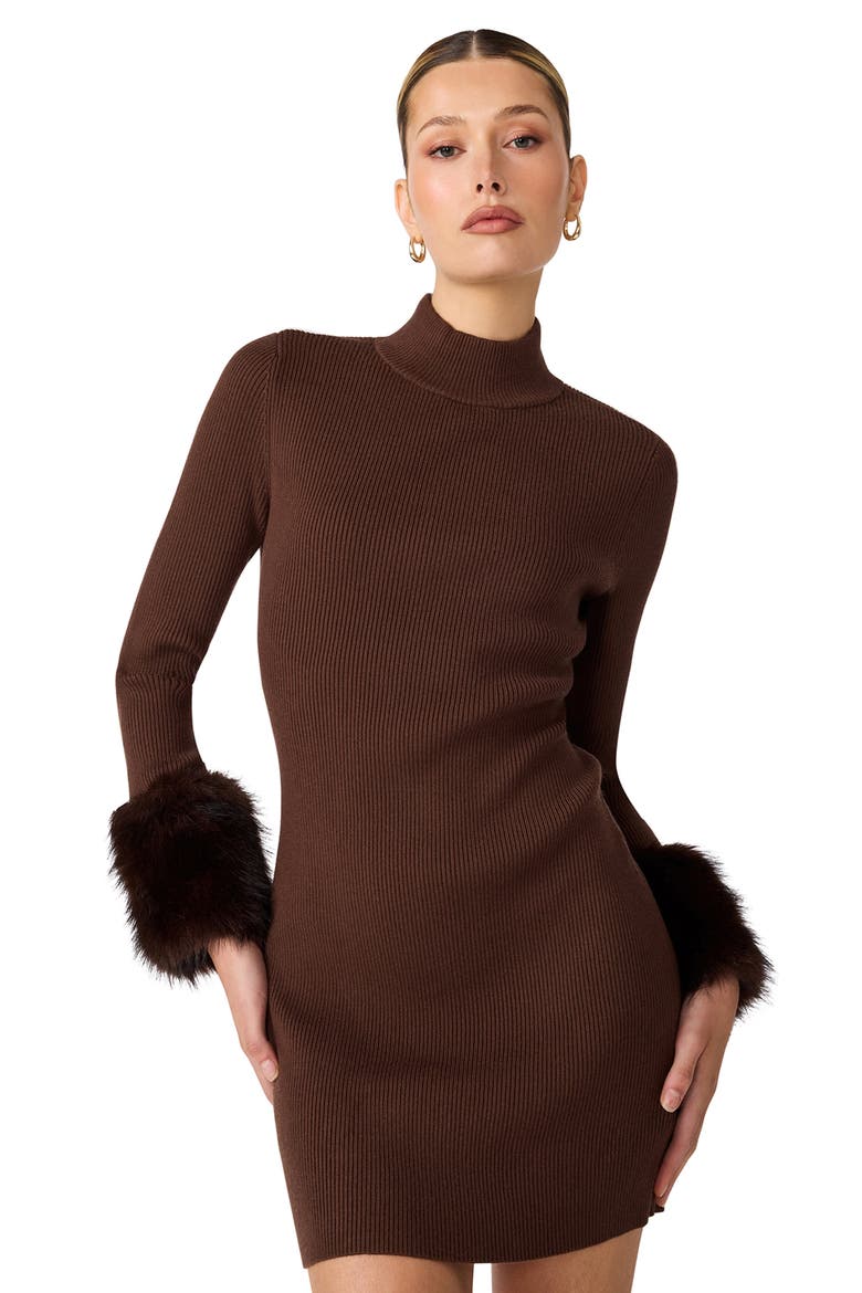 Riello Long Sleeve Faux Fur Trim Sheath Dress, Alternate, color, DARK ESPRESSO