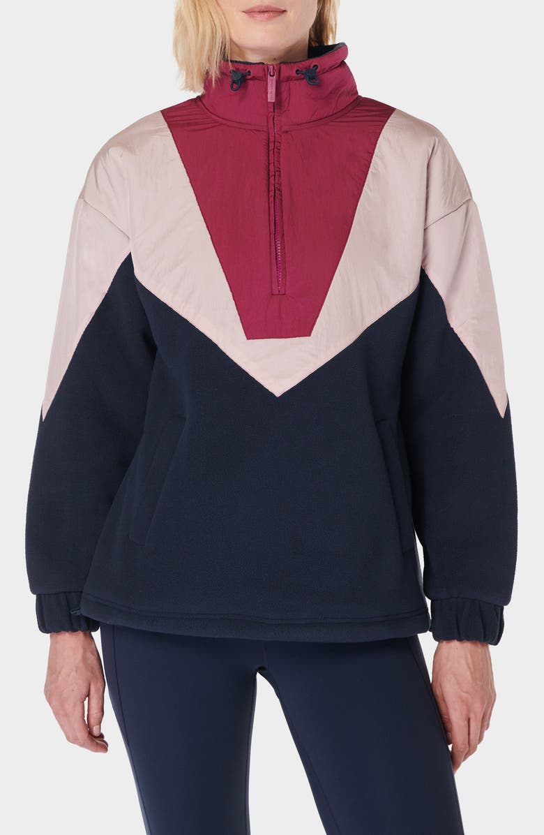 Sweaty Betty Orbit Fleece Half Zip Pullover, Main, color, Navy Blue Colour Block