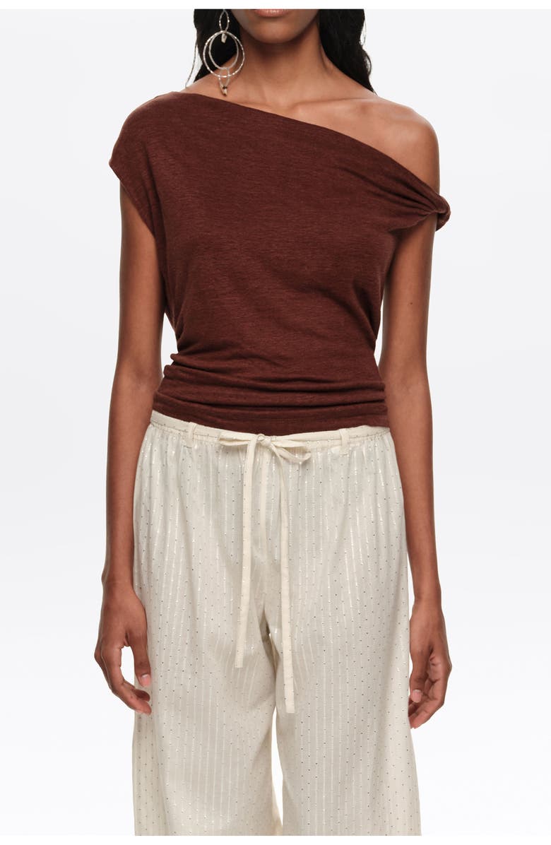 Bimba y Lola Linen Knot-Neckline Top, Main, color, Brown