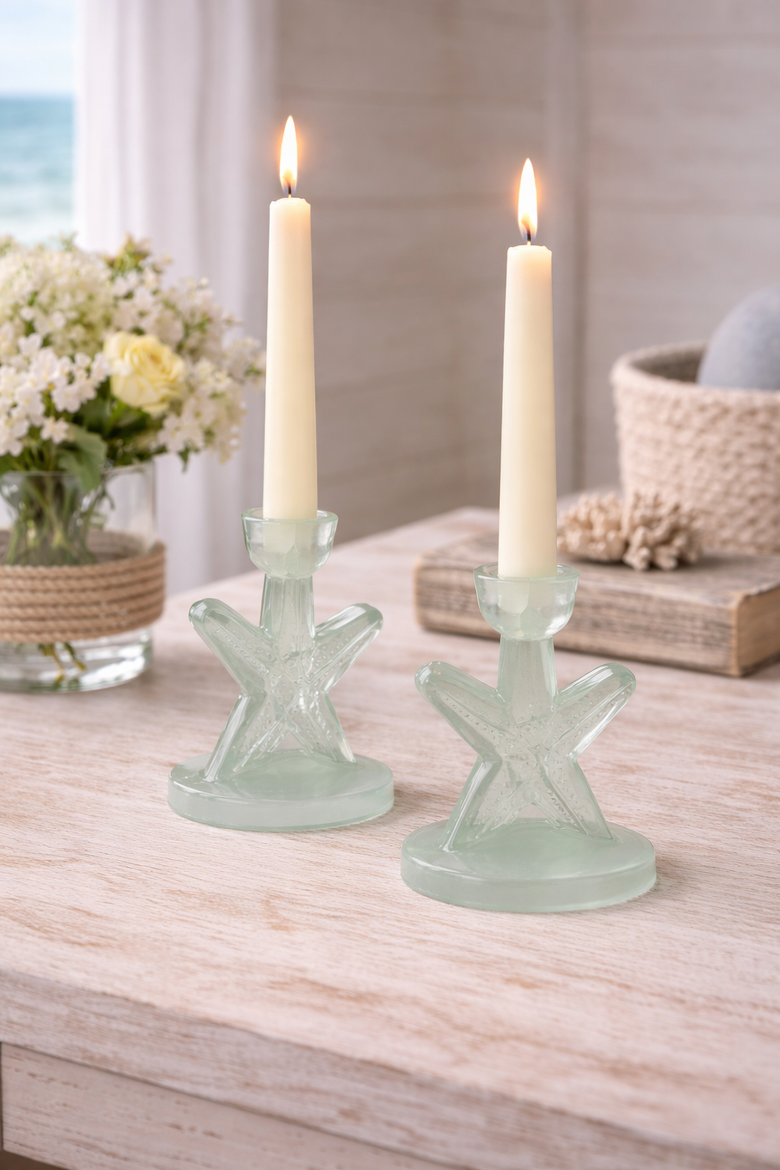 Sea Star Set of 2 Glass Candle Holders 5", Alternate, color, Green