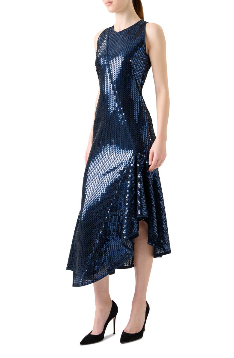 Akris Sequin Chiffon Asymmetric Dress, Alternate, color, Navy