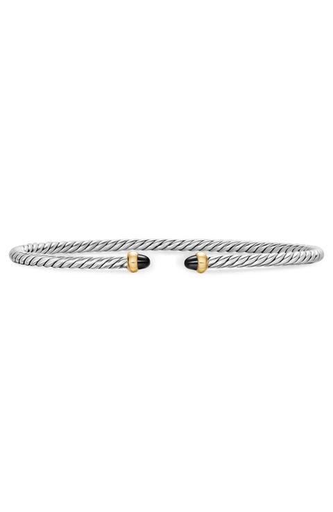 Micro Cable Flex Bracelet in Sterling Silver with 14K Gold and Black Onyx