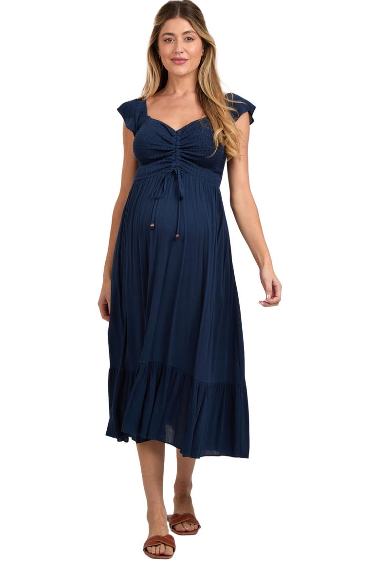 PinkBlush Smocked Ruched Ruffle Hem Maxi Dress, Alternate, color, Navy Blue