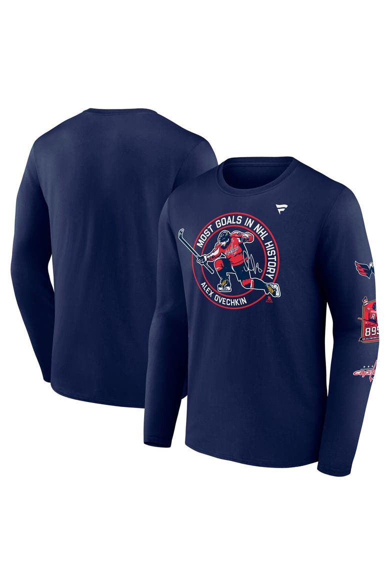Men's Fanatics Alexander Ovechkin Athletic Navy Washington Capitals NHL All-Time Leading Goal Scorer Badges Long Sleeve T-Shirt, Main, color, Athletic Navy