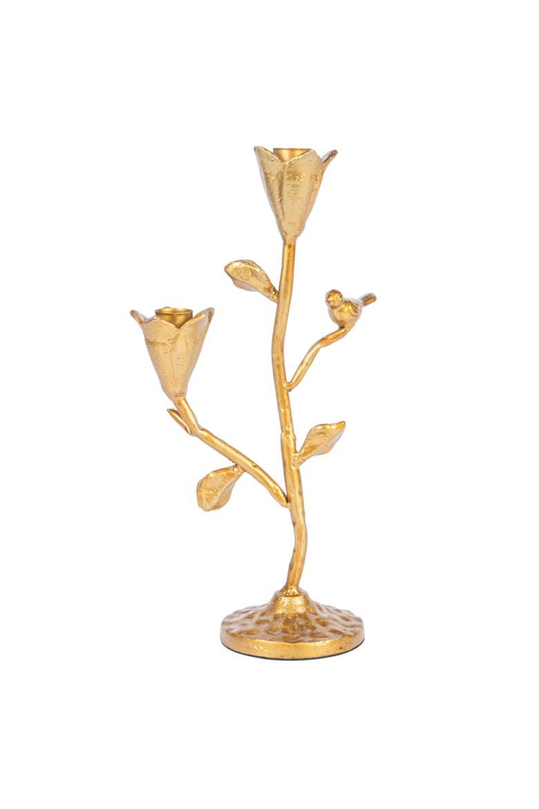 Tall Hand-Forged Cast Iron Candelabra with Flowers and Bird, Gold, Alternate, color, Gold