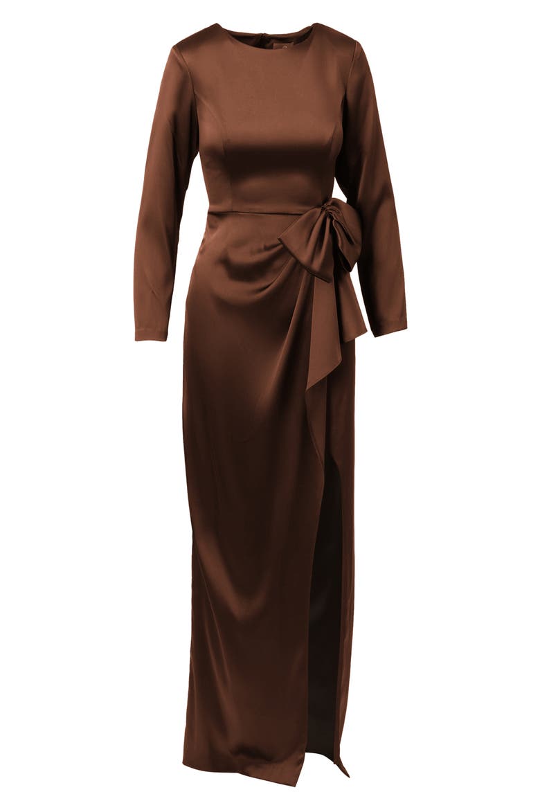 Side Bow Long Sleeve Stretch Satin Gown, Alternate, color, CHOCOLATE